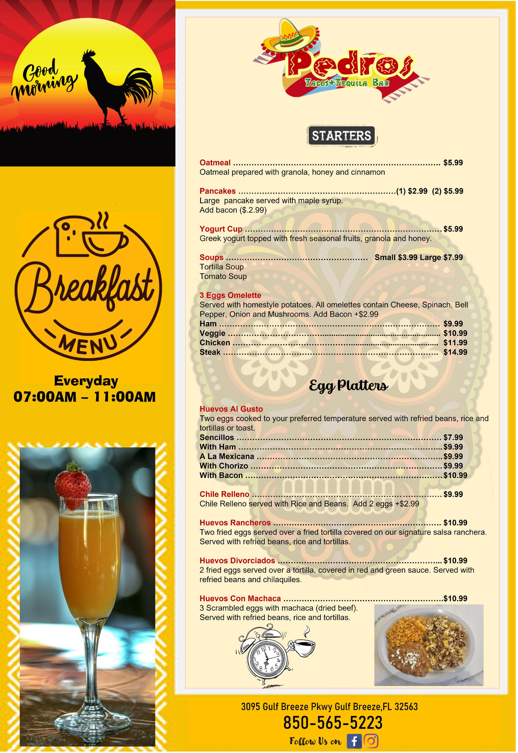 Check out our breakfast menu to see all the options we have such as Tacos, Nachos, Quesadilla, burrito, carne asada, enchiladas and many m